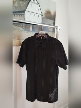 Rusty Men's Black Short-Sleeve Button-Up Shirt with Subtle Pinstripes